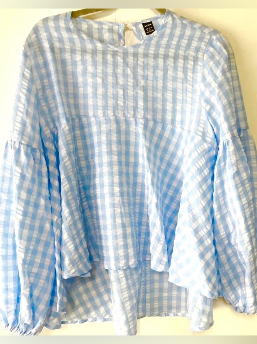 SHEIN Light Blue/White Gingham Balloon-Sleeve Flowing Top: Size M (6)